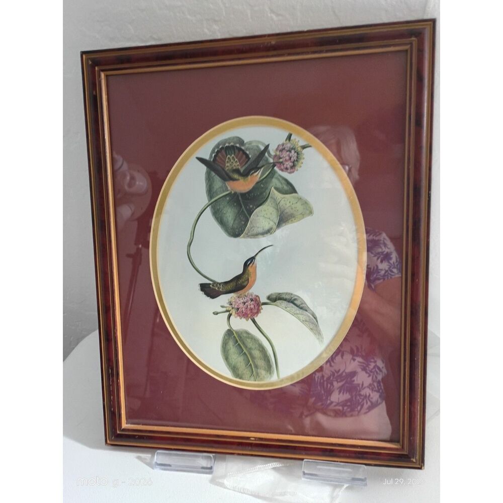 Vintage Framed Hummingbird Floral Wall Art Oval Wood Frame Cottagecore Decor